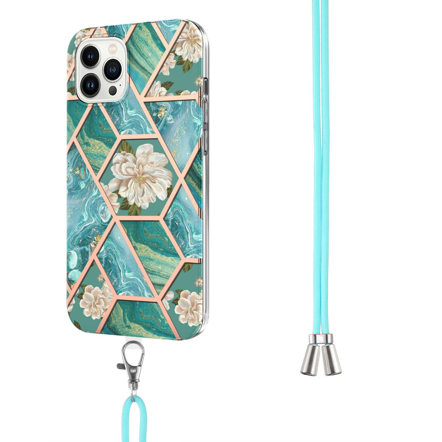 YB IMD Series-4 for iPhone 15 Pro TPU Cover Electroplating Marble Flower Pattern IMD Phone Case with Lanyard