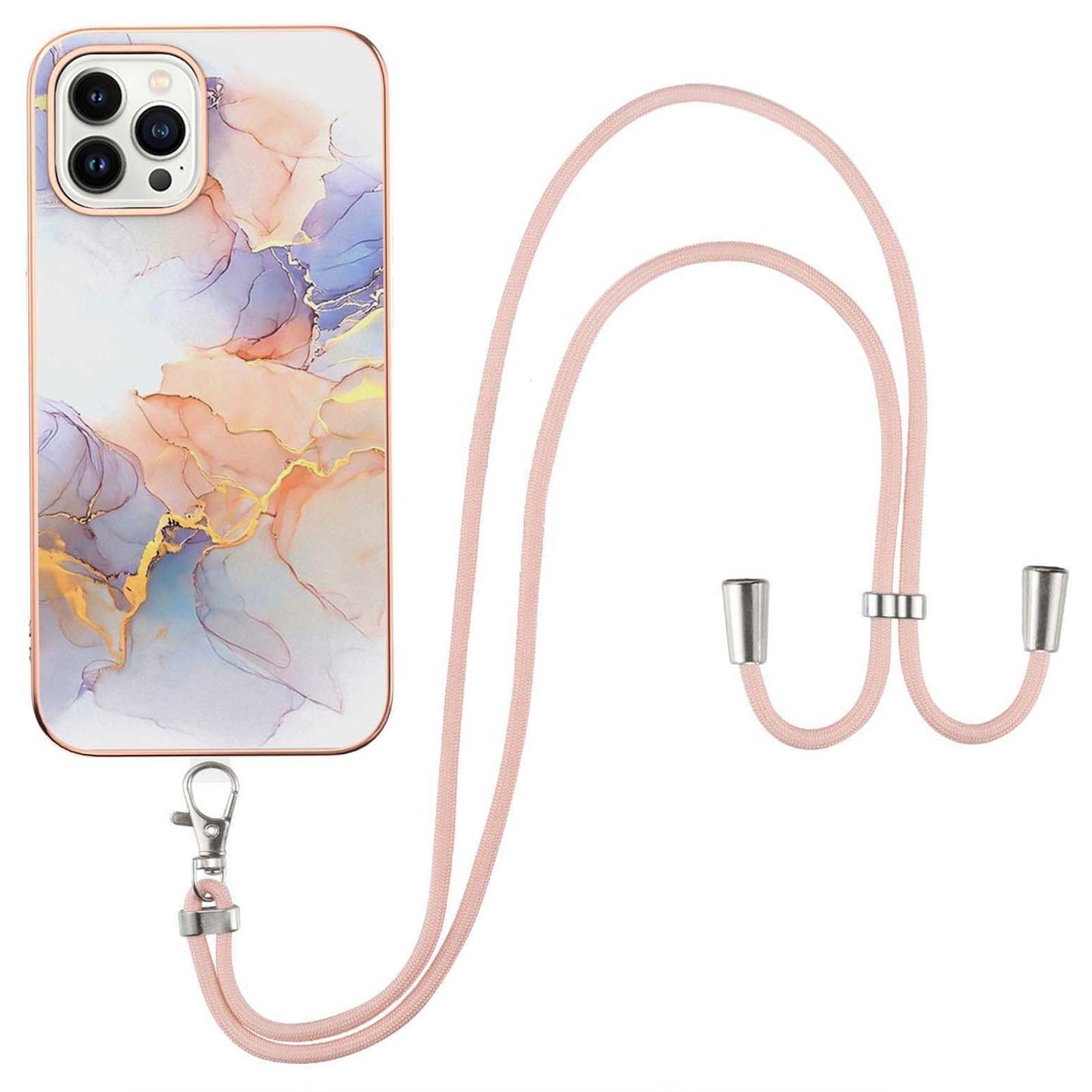 YB IMD Series-4 for iPhone 15 Pro TPU Cover Electroplating Marble Flower Pattern IMD Phone Case with Lanyard