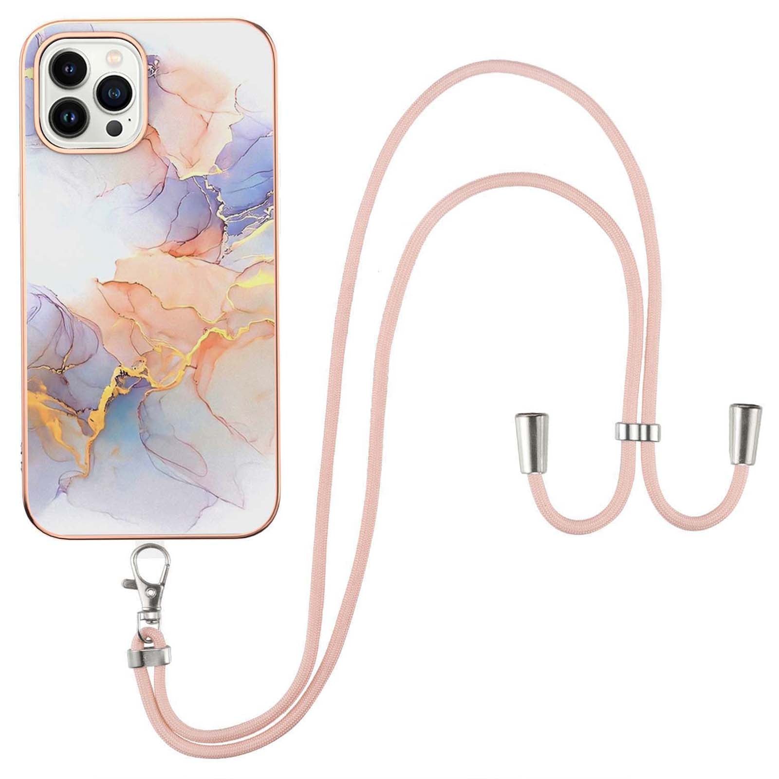 YB IMD Series-4 for iPhone 15 Pro TPU Cover Electroplating Marble Flower Pattern IMD Phone Case with Lanyard