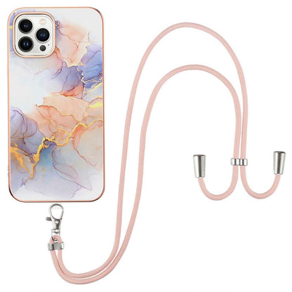 YB IMD Series-4 for iPhone 15 Pro TPU Cover Electroplating Marble Flower Pattern IMD Phone Case with Lanyard