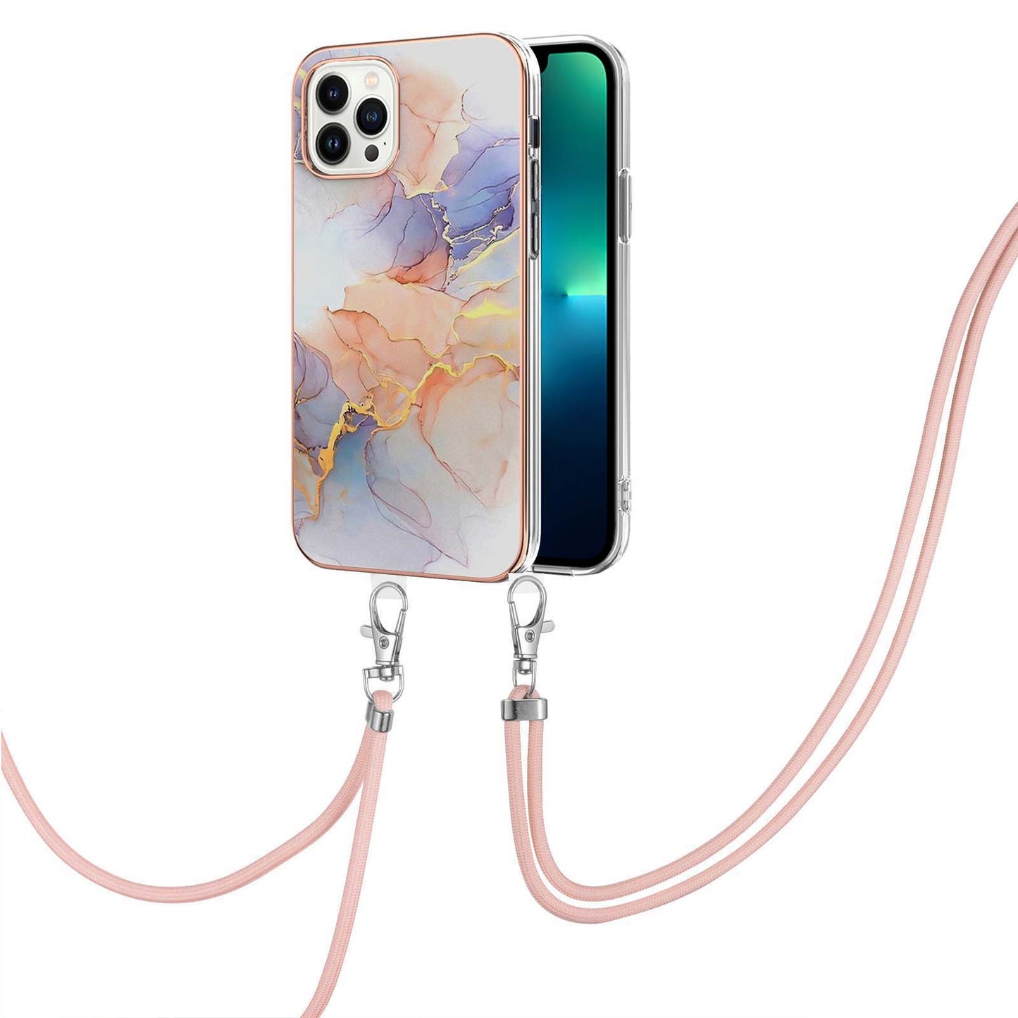 YB IMD Series-4 for iPhone 15 Pro TPU Cover Electroplating Marble Flower Pattern IMD Phone Case with Lanyard