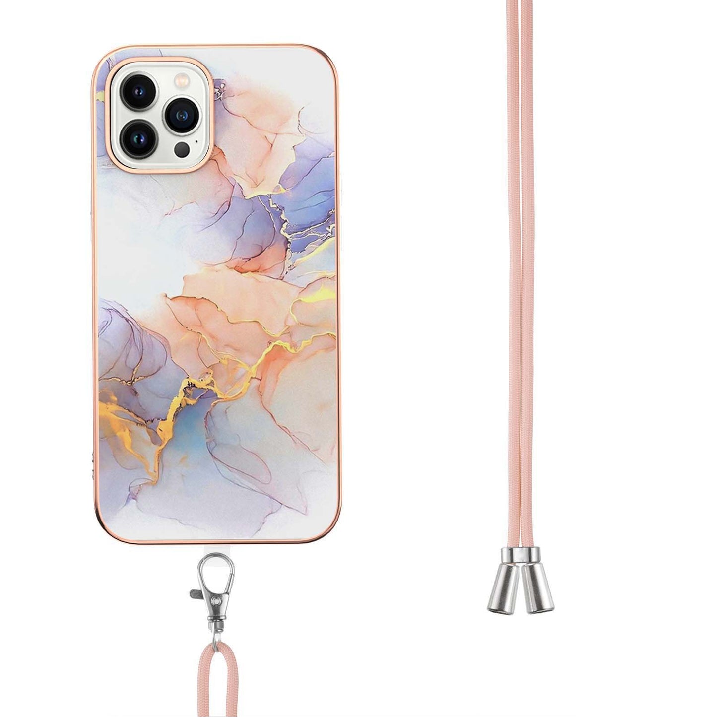 YB IMD Series-4 for iPhone 15 Pro TPU Cover Electroplating Marble Flower Pattern IMD Phone Case with Lanyard