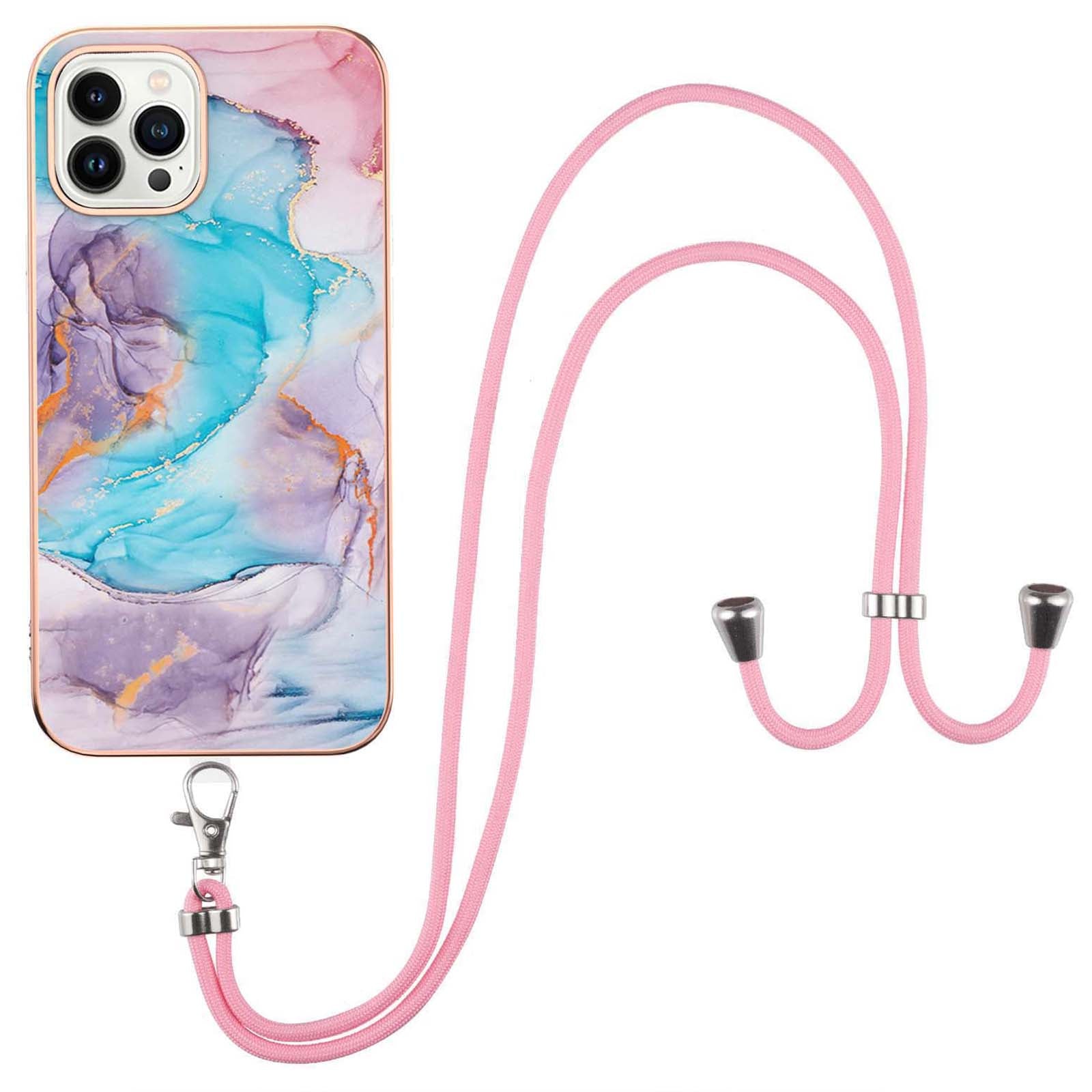 YB IMD Series-4 for iPhone 15 Pro TPU Cover Electroplating Marble Flower Pattern IMD Phone Case with Lanyard