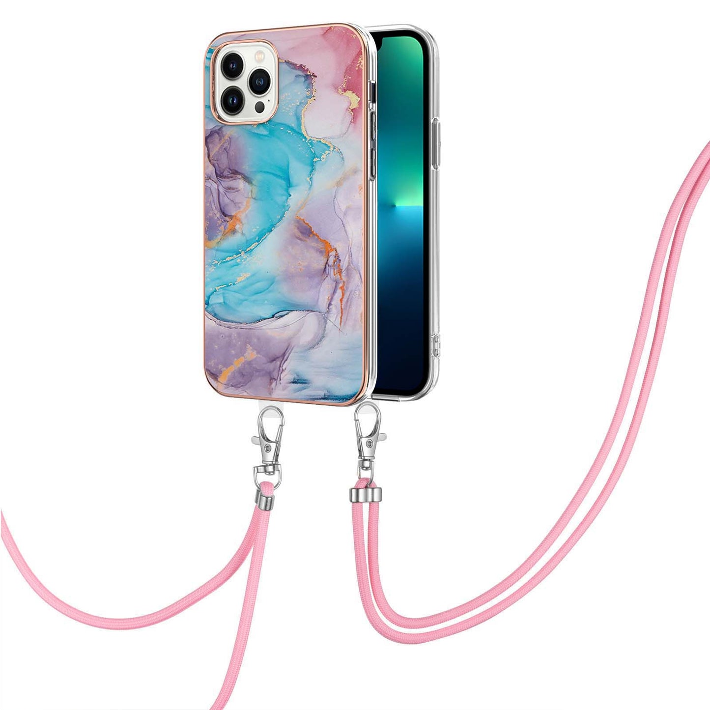 YB IMD Series-4 for iPhone 15 Pro TPU Cover Electroplating Marble Flower Pattern IMD Phone Case with Lanyard