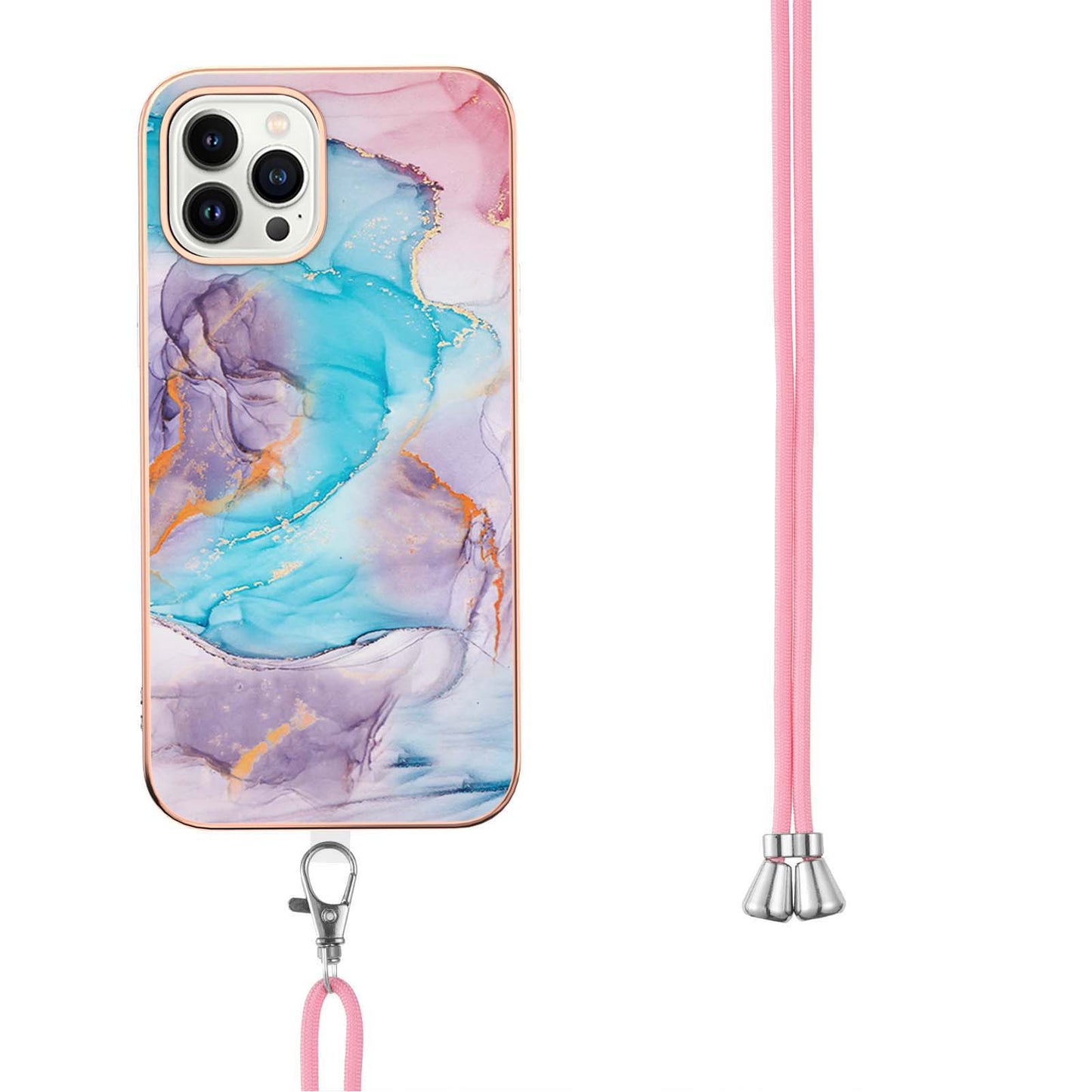 YB IMD Series-4 for iPhone 15 Pro TPU Cover Electroplating Marble Flower Pattern IMD Phone Case with Lanyard