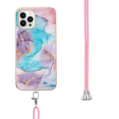 YB IMD Series-4 for iPhone 15 Pro TPU Cover Electroplating Marble Flower Pattern IMD Phone Case with Lanyard