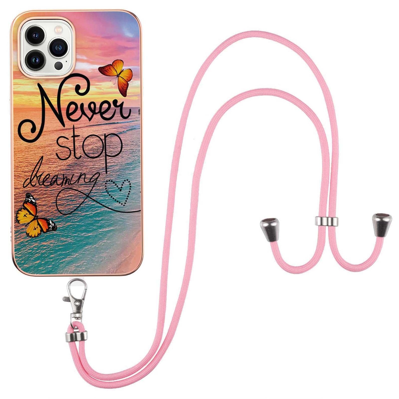 YB IMD Series-4 for iPhone 15 Pro TPU Cover Electroplating Marble Flower Pattern IMD Phone Case with Lanyard