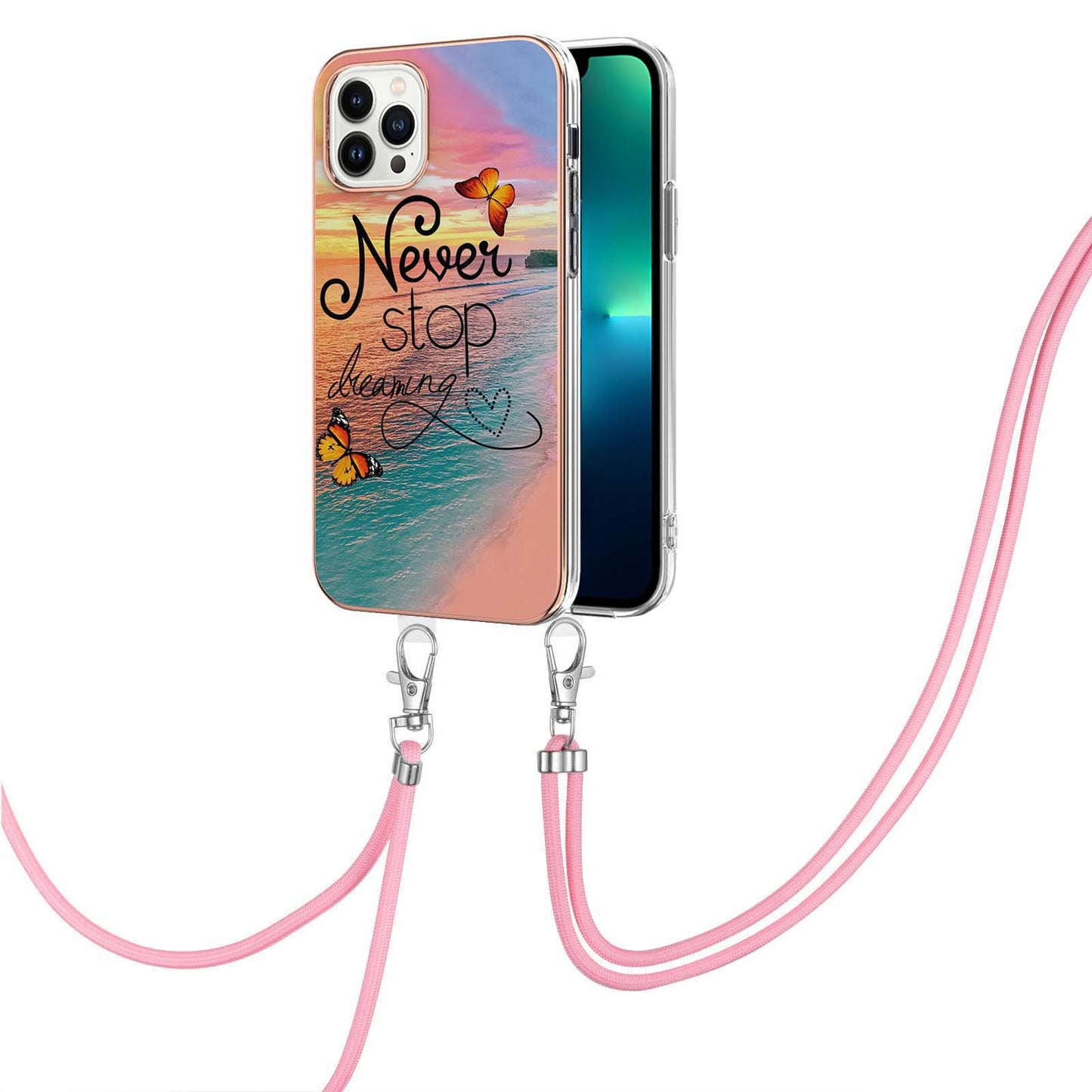 YB IMD Series-4 for iPhone 15 Pro TPU Cover Electroplating Marble Flower Pattern IMD Phone Case with Lanyard