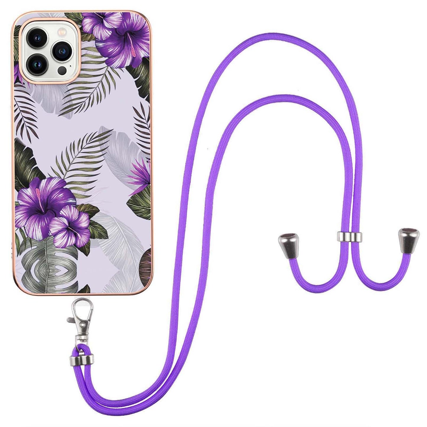 YB IMD Series-4 for iPhone 15 Pro TPU Cover Electroplating Marble Flower Pattern IMD Phone Case with Lanyard