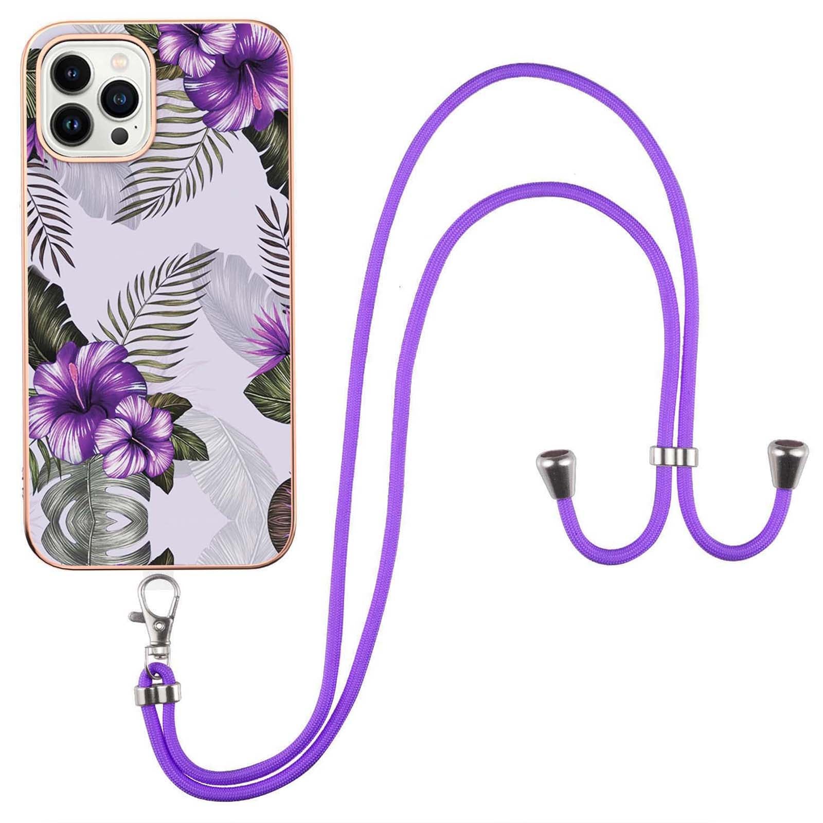 YB IMD Series-4 for iPhone 15 Pro TPU Cover Electroplating Marble Flower Pattern IMD Phone Case with Lanyard
