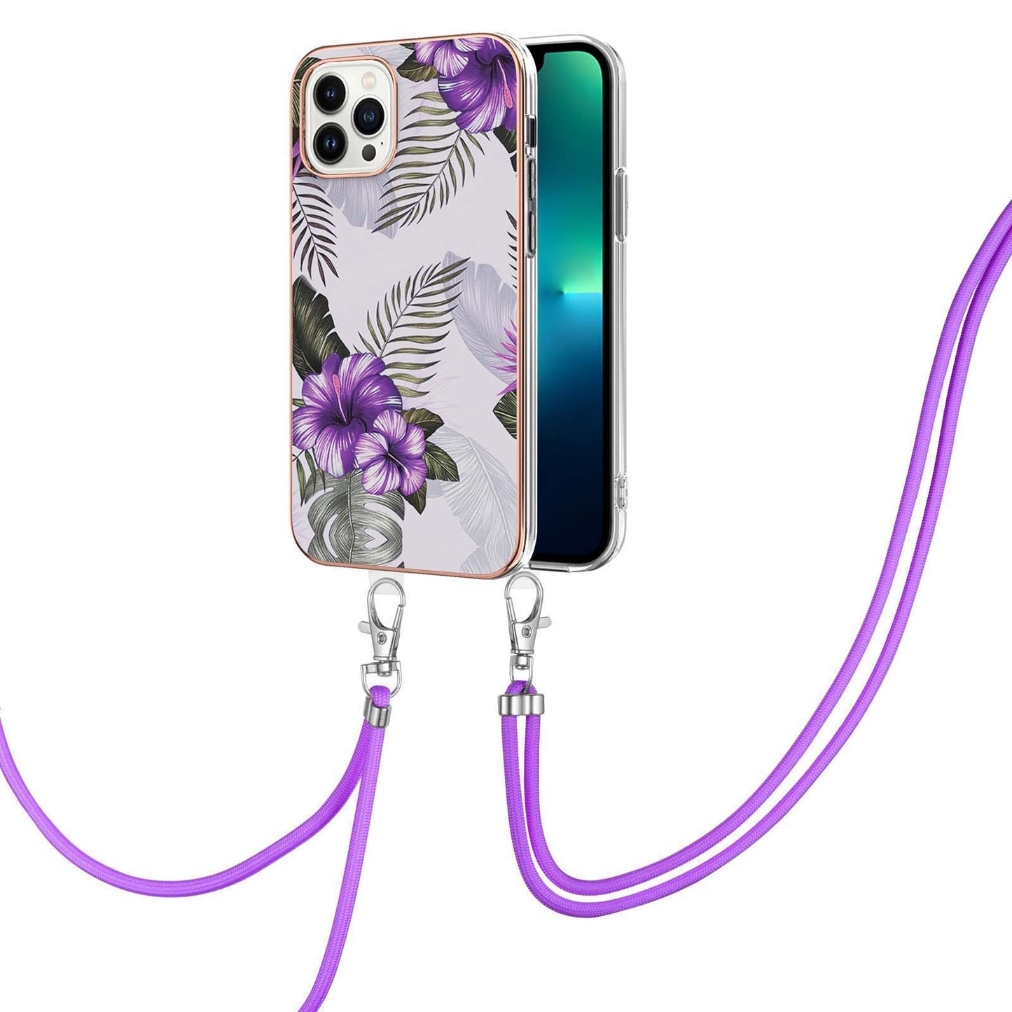 YB IMD Series-4 for iPhone 15 Pro TPU Cover Electroplating Marble Flower Pattern IMD Phone Case with Lanyard
