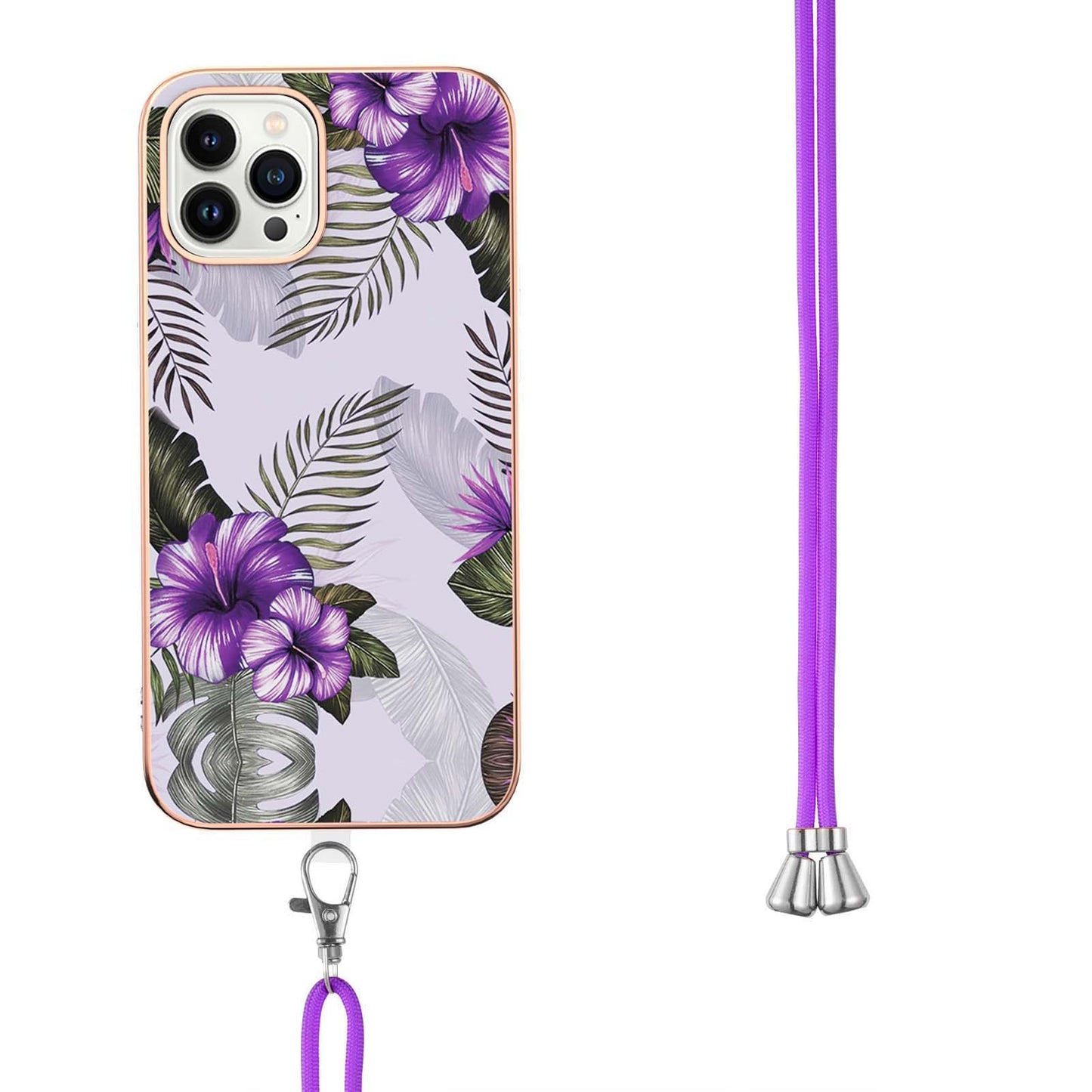 YB IMD Series-4 for iPhone 15 Pro TPU Cover Electroplating Marble Flower Pattern IMD Phone Case with Lanyard