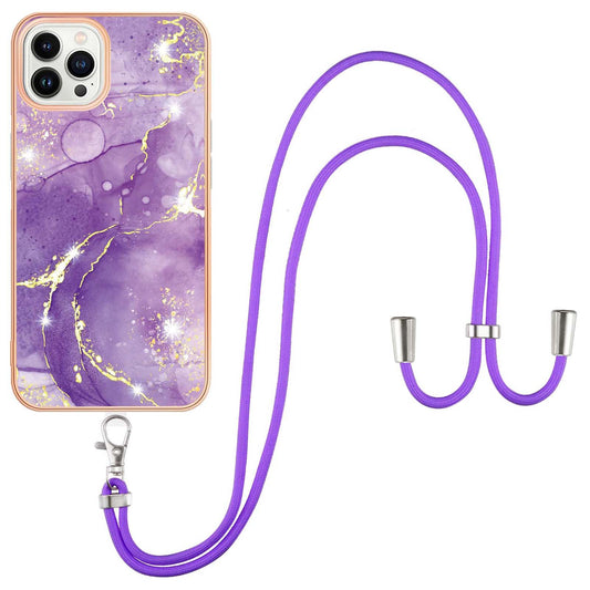 YB IMD Series-9 For iPhone 15 Pro Electroplating TPU Phone Case IMD Marble Pattern Cover with Lanyard