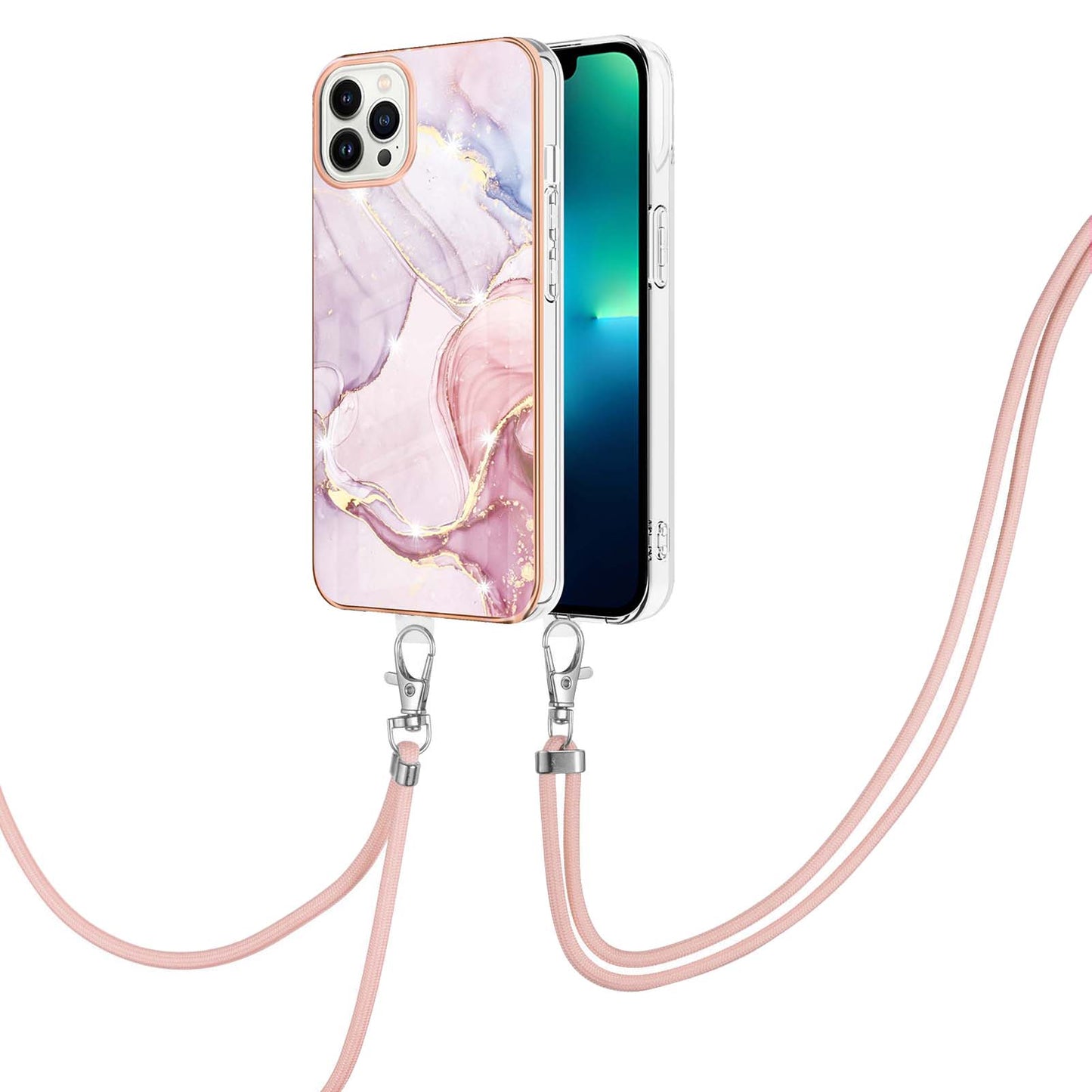YB IMD Series-9 For iPhone 15 Pro Electroplating TPU Phone Case IMD Marble Pattern Cover with Lanyard