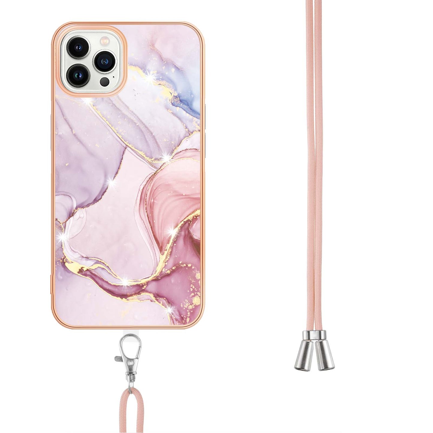 YB IMD Series-9 For iPhone 15 Pro Electroplating TPU Phone Case IMD Marble Pattern Cover with Lanyard