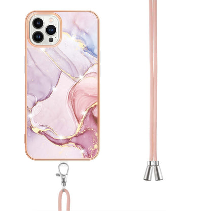 YB IMD Series-9 For iPhone 15 Pro Electroplating TPU Phone Case IMD Marble Pattern Cover with Lanyard