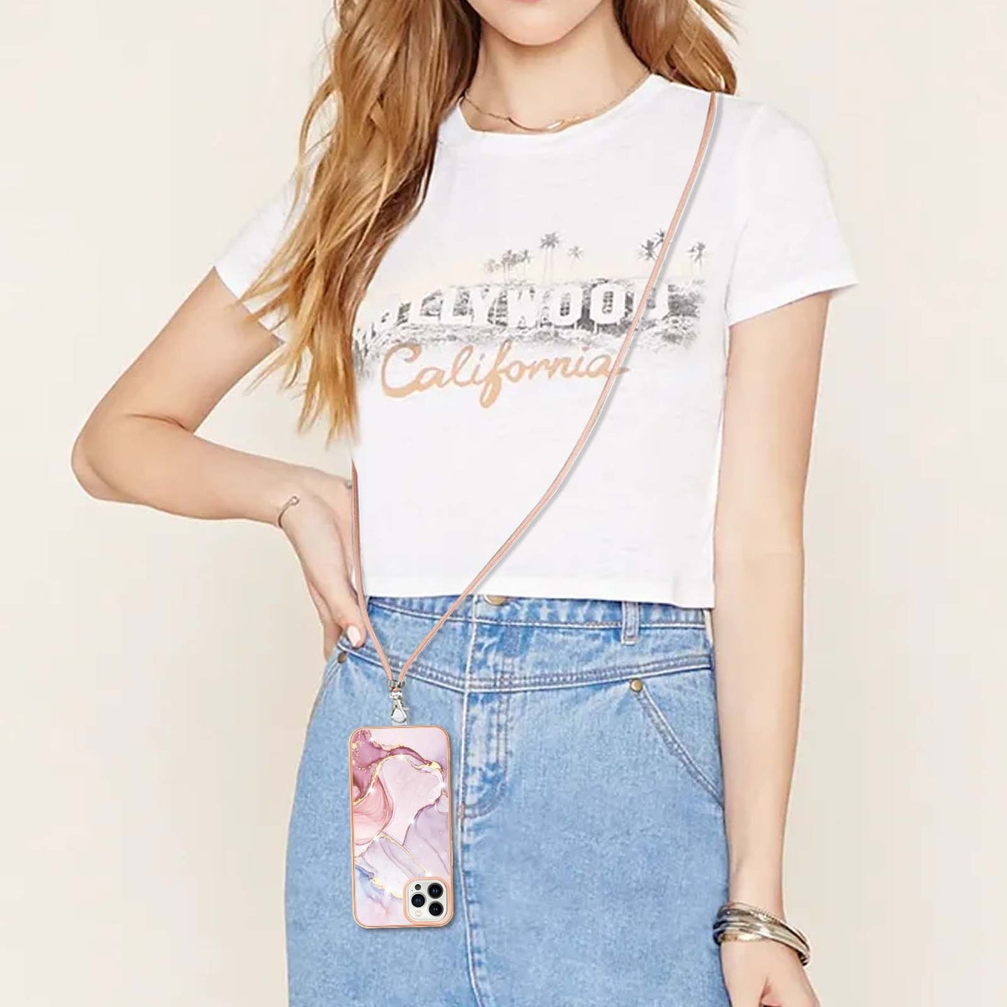 YB IMD Series-9 For iPhone 15 Pro Electroplating TPU Phone Case IMD Marble Pattern Cover with Lanyard