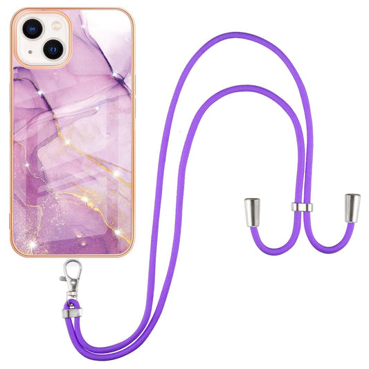 YB IMD Series-9 For iPhone 15 Plus Electroplating Phone Cover Marble Pattern IMD TPU Case with Lanyard