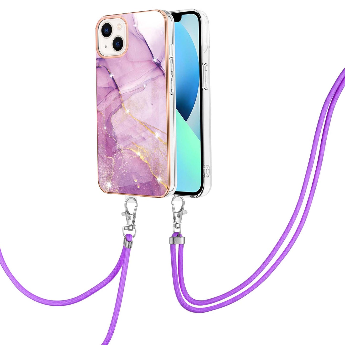 YB IMD Series-9 For iPhone 15 Plus Electroplating Phone Cover Marble Pattern IMD TPU Case with Lanyard