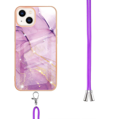YB IMD Series-9 For iPhone 15 Plus Electroplating Phone Cover Marble Pattern IMD TPU Case with Lanyard