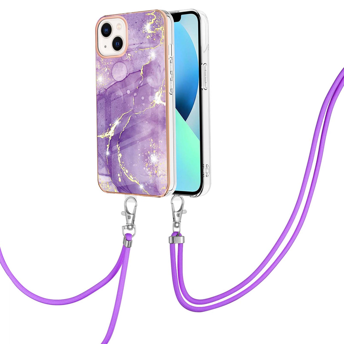 YB IMD Series-9 For iPhone 15 Plus Electroplating Phone Cover Marble Pattern IMD TPU Case with Lanyard