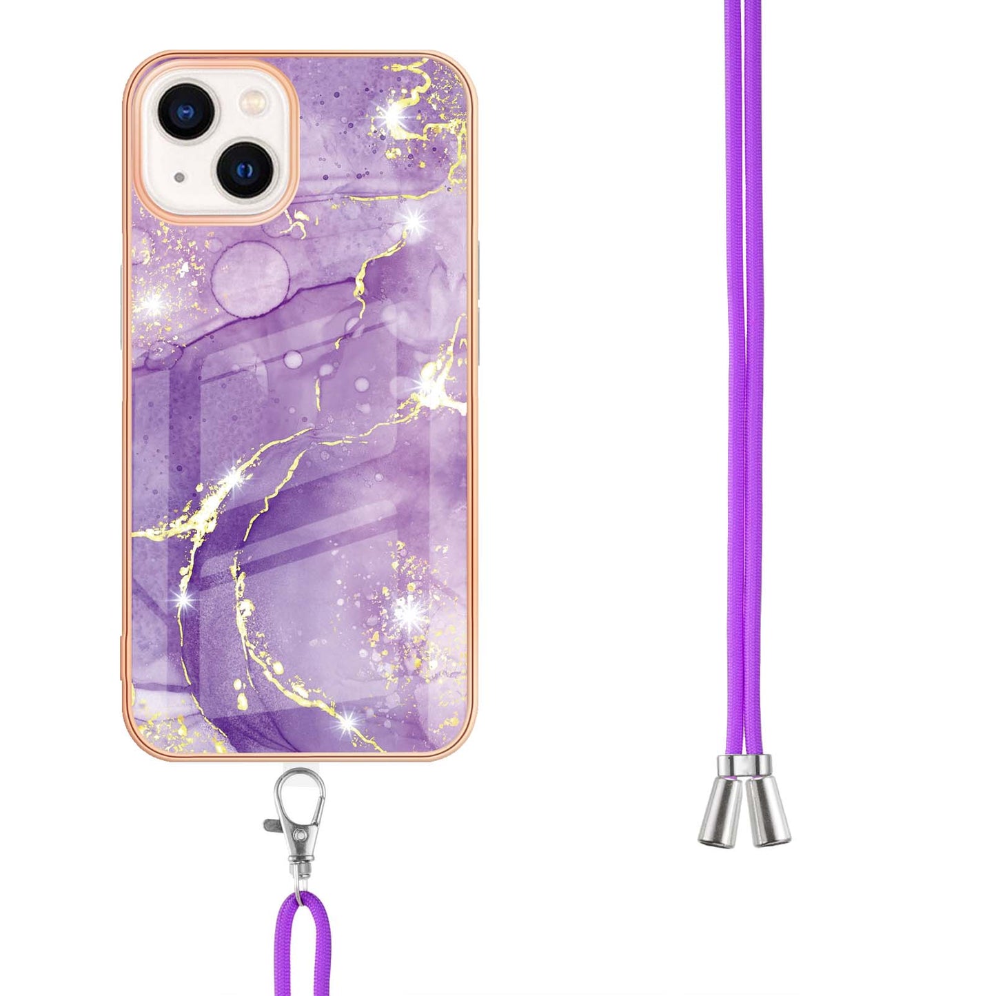 YB IMD Series-9 For iPhone 15 Plus Electroplating Phone Cover Marble Pattern IMD TPU Case with Lanyard