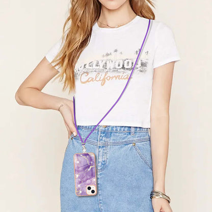 YB IMD Series-9 For iPhone 15 Plus Electroplating Phone Cover Marble Pattern IMD TPU Case with Lanyard