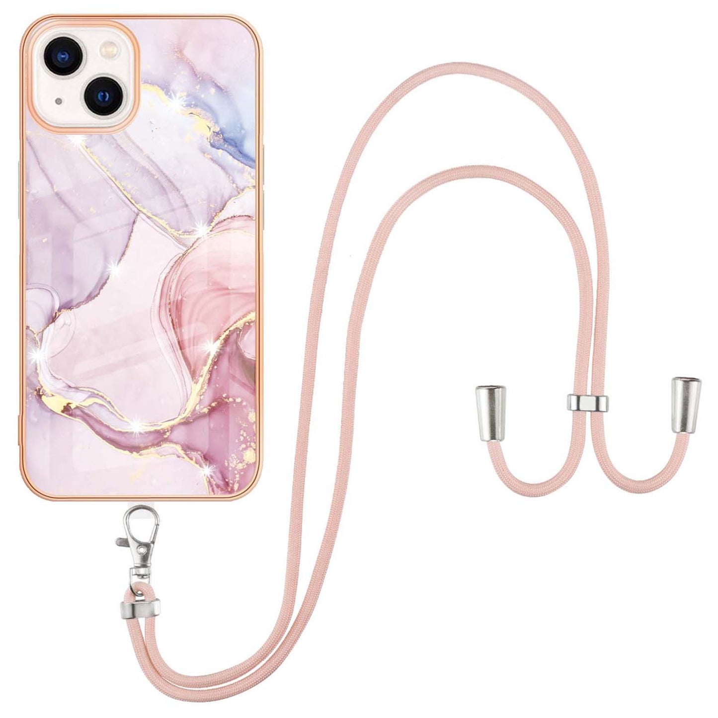 YB IMD Series-9 For iPhone 15 Plus Electroplating Phone Cover Marble Pattern IMD TPU Case with Lanyard