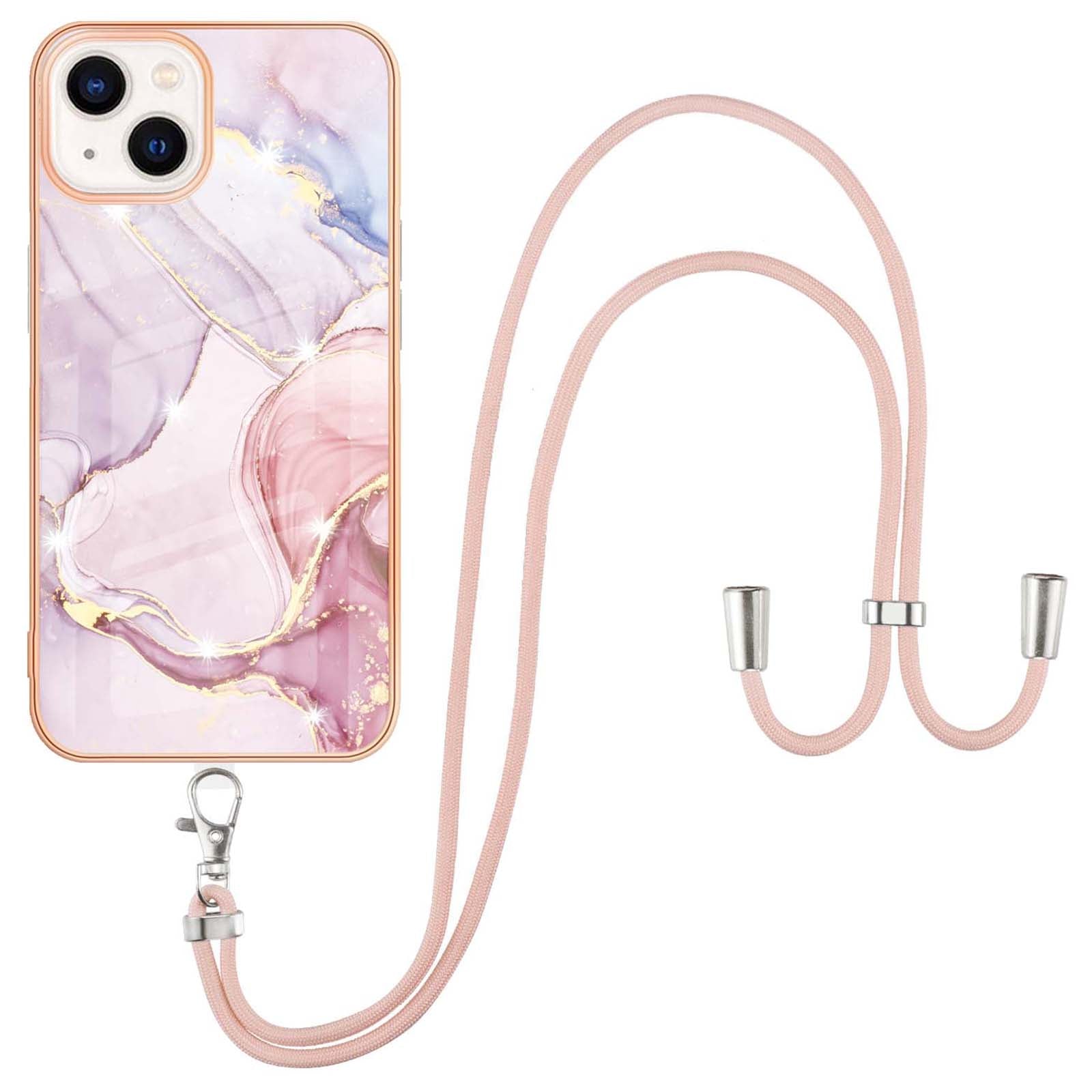 YB IMD Series-9 For iPhone 15 Plus Electroplating Phone Cover Marble Pattern IMD TPU Case with Lanyard