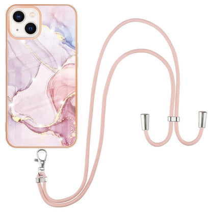 YB IMD Series-9 For iPhone 15 Plus Electroplating Phone Cover Marble Pattern IMD TPU Case with Lanyard