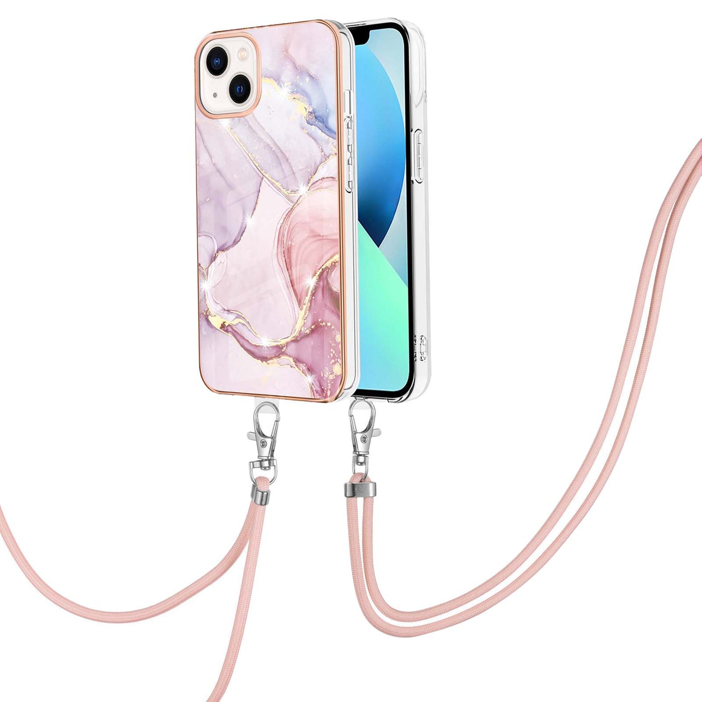 YB IMD Series-9 For iPhone 15 Plus Electroplating Phone Cover Marble Pattern IMD TPU Case with Lanyard