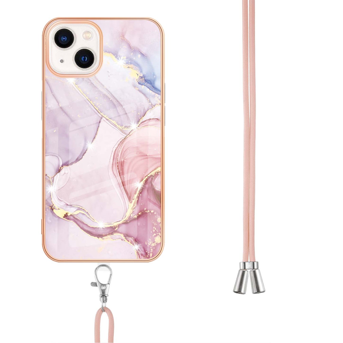 YB IMD Series-9 For iPhone 15 Plus Electroplating Phone Cover Marble Pattern IMD TPU Case with Lanyard