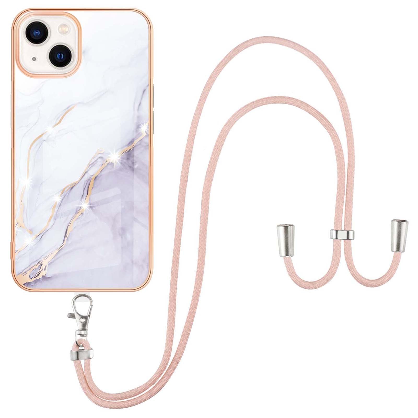 YB IMD Series-9 For iPhone 15 Plus Electroplating Phone Cover Marble Pattern IMD TPU Case with Lanyard