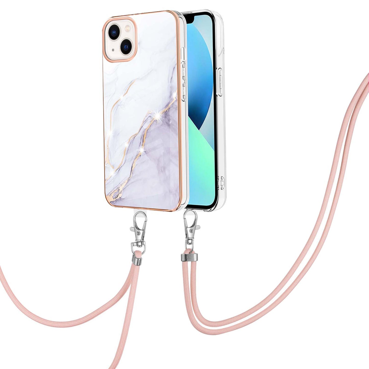 YB IMD Series-9 For iPhone 15 Plus Electroplating Phone Cover Marble Pattern IMD TPU Case with Lanyard