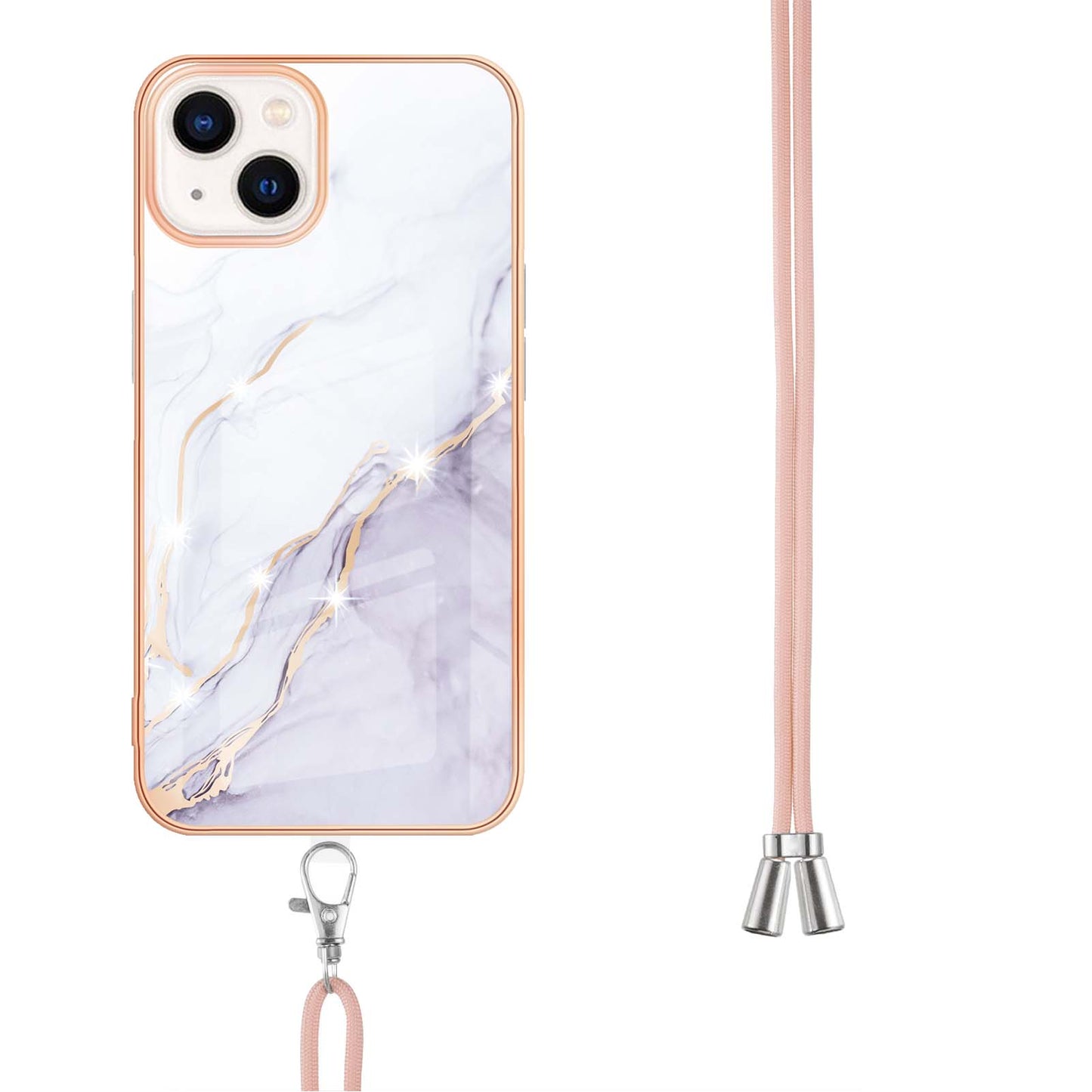 YB IMD Series-9 For iPhone 15 Plus Electroplating Phone Cover Marble Pattern IMD TPU Case with Lanyard