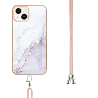 YB IMD Series-9 For iPhone 15 Plus Electroplating Phone Cover Marble Pattern IMD TPU Case with Lanyard
