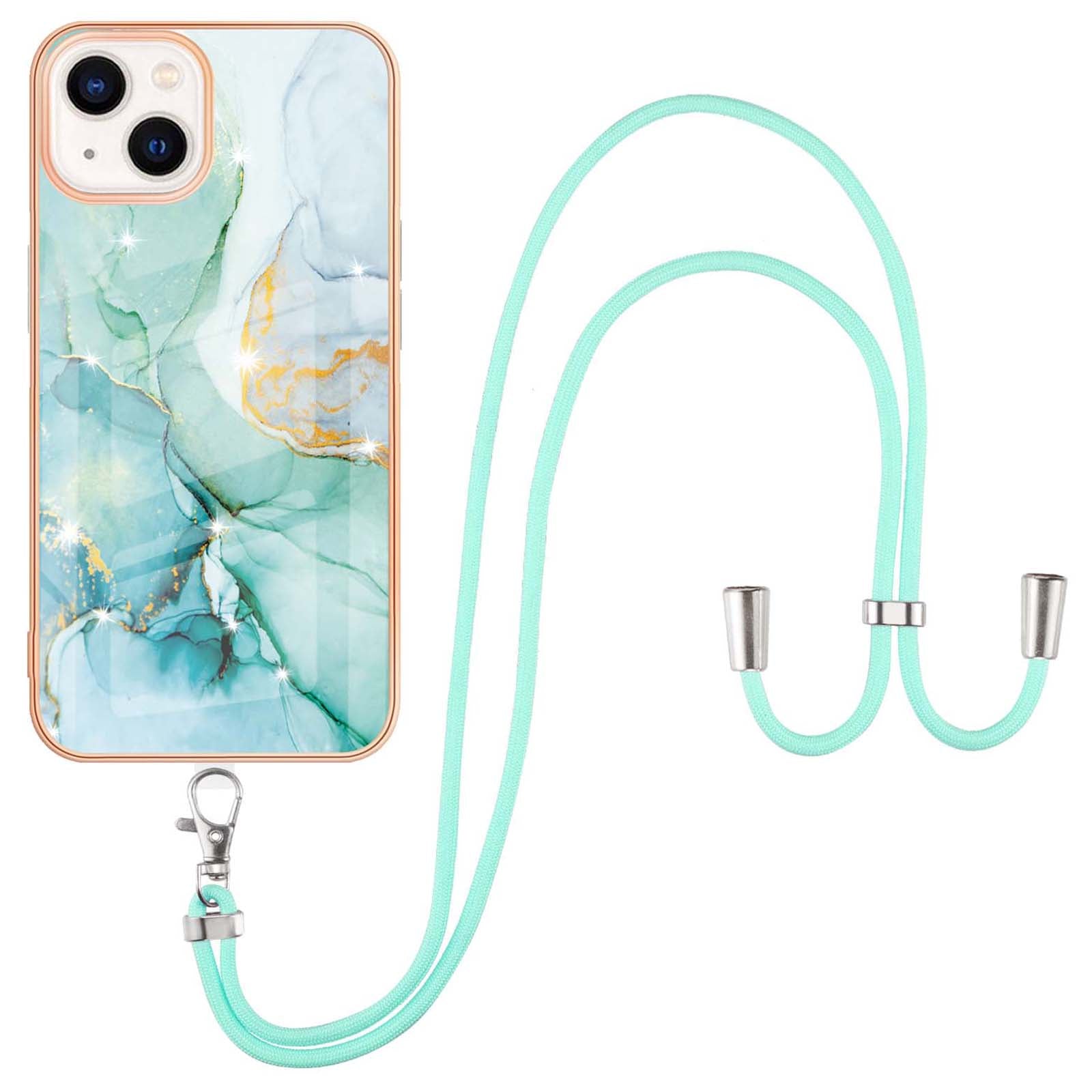 YB IMD Series-9 For iPhone 15 Plus Electroplating Phone Cover Marble Pattern IMD TPU Case with Lanyard