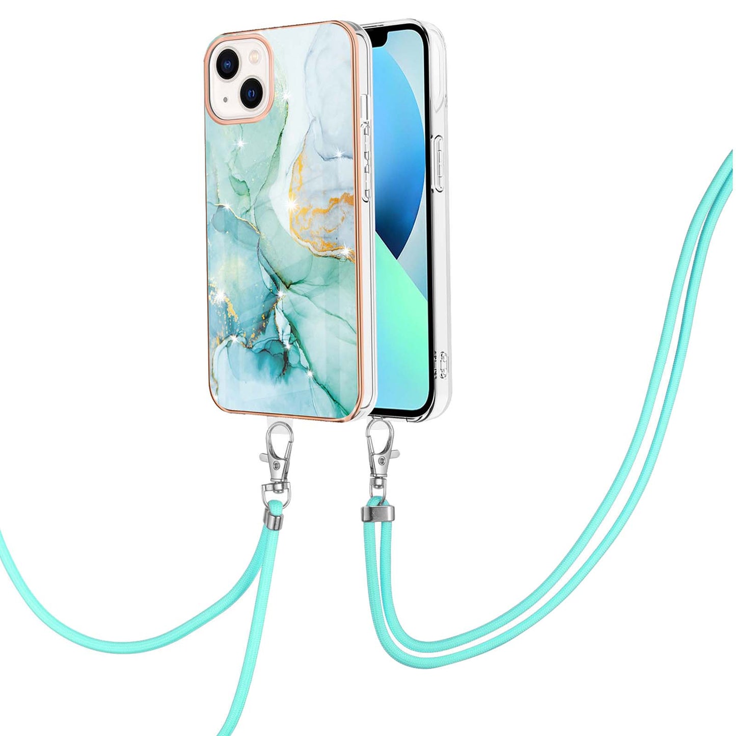 YB IMD Series-9 For iPhone 15 Plus Electroplating Phone Cover Marble Pattern IMD TPU Case with Lanyard