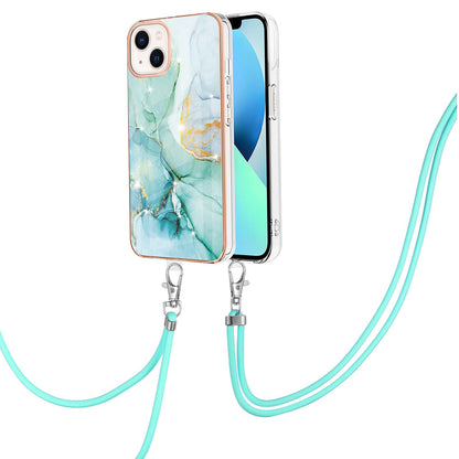 YB IMD Series-9 For iPhone 15 Plus Electroplating Phone Cover Marble Pattern IMD TPU Case with Lanyard