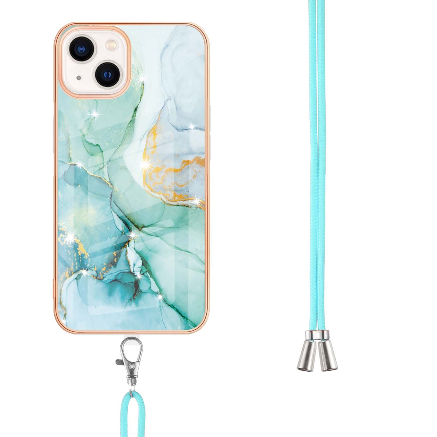 YB IMD Series-9 For iPhone 15 Plus Electroplating Phone Cover Marble Pattern IMD TPU Case with Lanyard