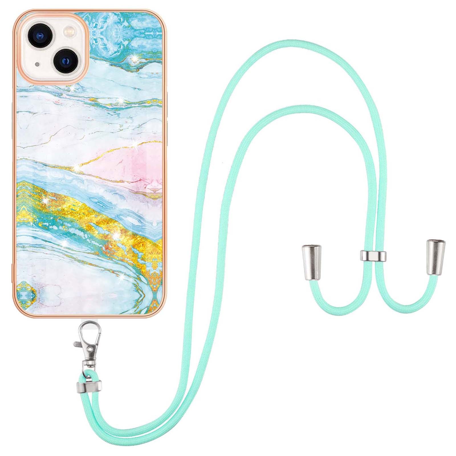 YB IMD Series-9 For iPhone 15 Plus Electroplating Phone Cover Marble Pattern IMD TPU Case with Lanyard