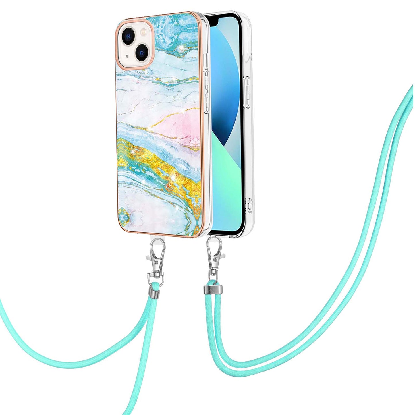 YB IMD Series-9 For iPhone 15 Plus Electroplating Phone Cover Marble Pattern IMD TPU Case with Lanyard