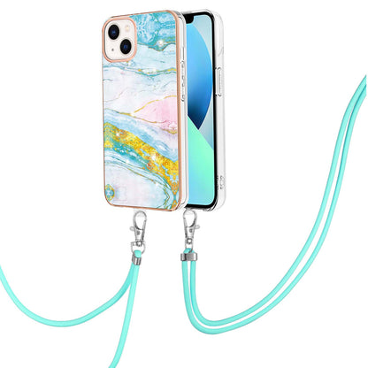 YB IMD Series-9 For iPhone 15 Plus Electroplating Phone Cover Marble Pattern IMD TPU Case with Lanyard