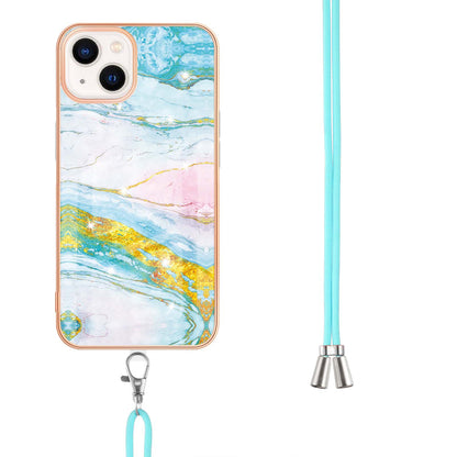YB IMD Series-9 For iPhone 15 Plus Electroplating Phone Cover Marble Pattern IMD TPU Case with Lanyard