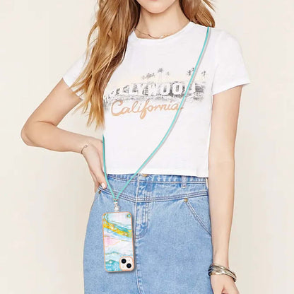 YB IMD Series-9 For iPhone 15 Plus Electroplating Phone Cover Marble Pattern IMD TPU Case with Lanyard