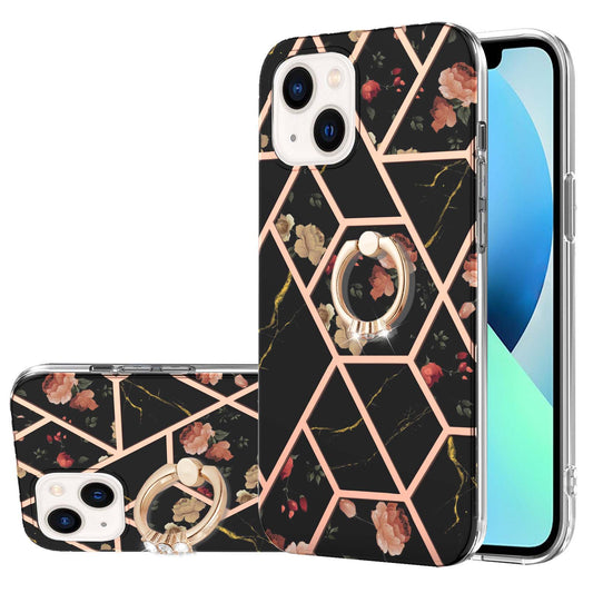 YB IMD Series-6 For iPhone 15 Plus Kickstand TPU Case IMD IML Marble Pattern Electroplating Phone Cover
