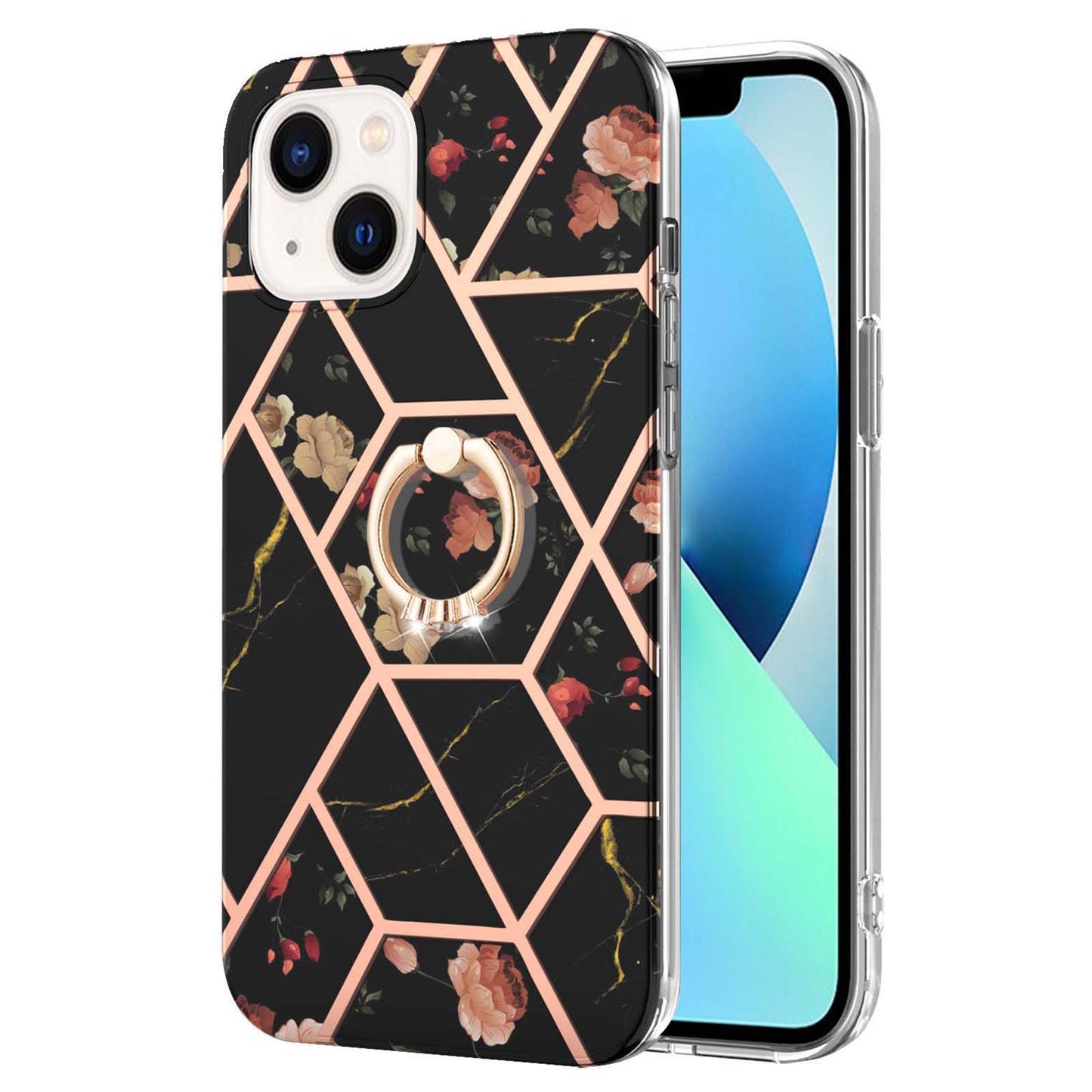 YB IMD Series-6 For iPhone 15 Plus Kickstand TPU Case IMD IML Marble Pattern Electroplating Phone Cover