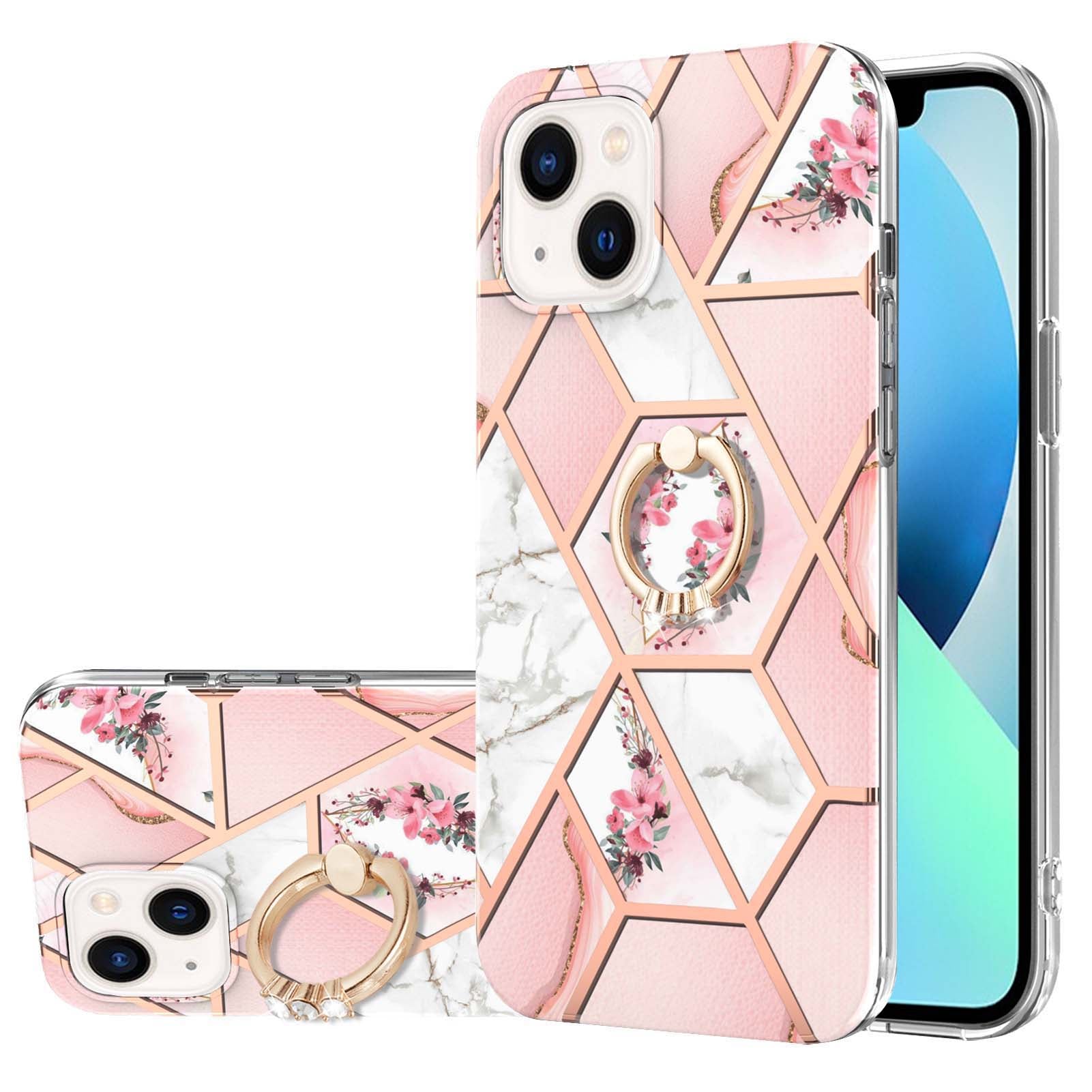 YB IMD Series-6 For iPhone 15 Plus Kickstand TPU Case IMD IML Marble Pattern Electroplating Phone Cover