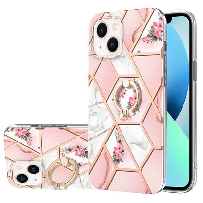 YB IMD Series-6 For iPhone 15 Plus Kickstand TPU Case IMD IML Marble Pattern Electroplating Phone Cover
