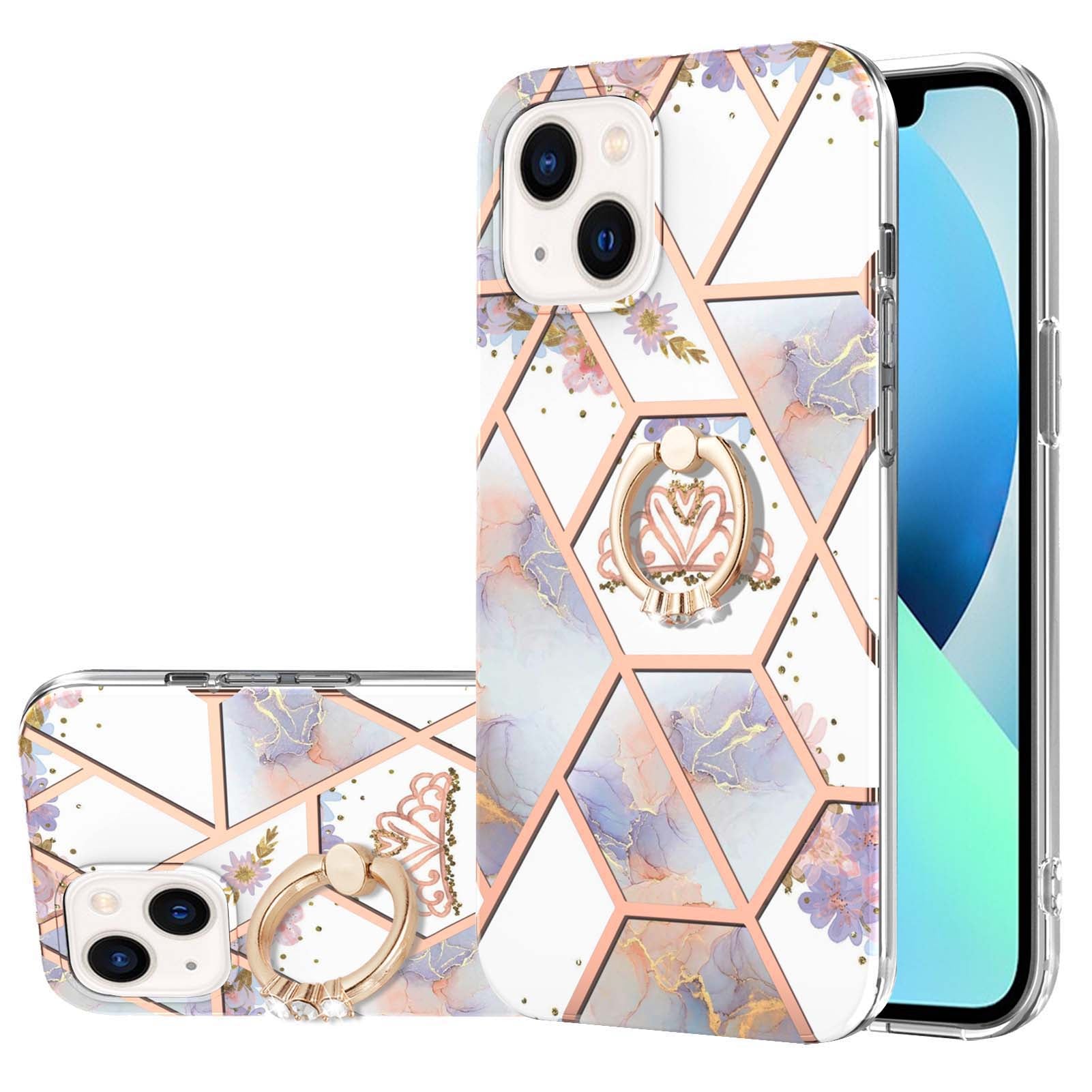 YB IMD Series-6 For iPhone 15 Plus Kickstand TPU Case IMD IML Marble Pattern Electroplating Phone Cover